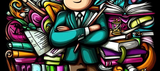 Obraz premium A stylized illustration of a confident figure among colorful books and artistic elements.