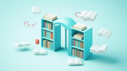 Fototapeta premium A whimsical library scene with floating books and glasses, symbolizing knowledge and imagination.