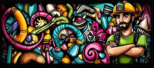 A man stands beside a vibrant pile of colorful plastic waste, emphasizing recycling and sustainability.