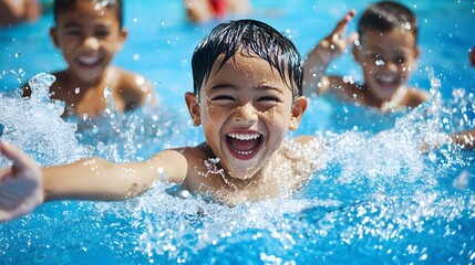 Diverse group of children from different backgrounds playing and splashing together in a swimming pool with a vibrant active top view scene focused on the fun laughter