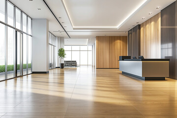 Fototapeta premium Corporate Lobby with a Large Reception Desk and Polished Marble Interior