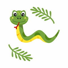 Cute snake and fir branch. Symbol of new year 2025. Illustration for design of postcard.