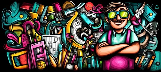 A colorful illustration featuring a smiling character amidst vibrant abstract shapes and objects.