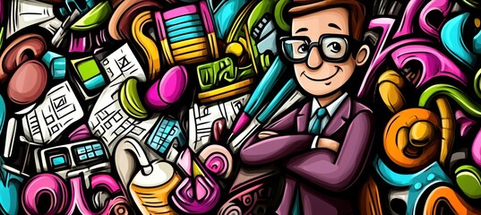 A stylized illustration of a confident businessman surrounded by colorful abstract elements.