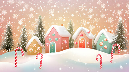 A whimsical winter scene featuring colorful candy-themed houses in a snowy landscape.