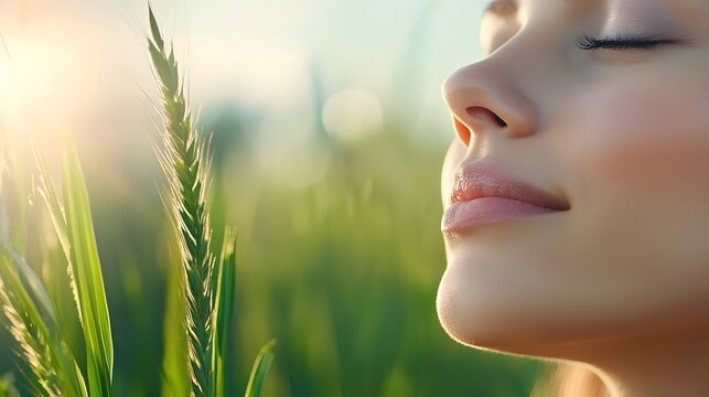 Peaceful woman standing in a lush green meadow taking a deep breath and focusing on mindfulness and fresh air  Serene side view captures the calming harmonious environment for market purposes