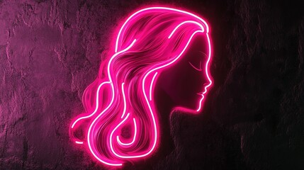 A vibrant and modern logo design featuring a women's stair-step haircut, elegantly showcasing long hair with stylish layers. The logo is illuminated by a bright pink neon sign that stands out against 