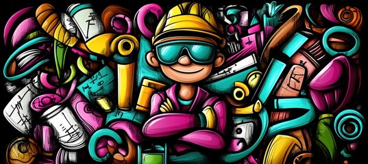 Fototapeta premium A cheerful cartoon character in a hard hat surrounded by colorful construction tools and materials.