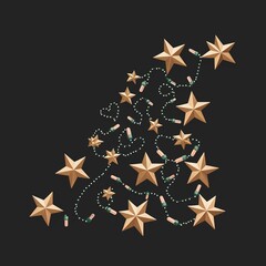 Obraz premium Elegant Christmas decoration featuring metallic golden stars entwined with twinkling holiday string lights arranged diagonally on a dark background.