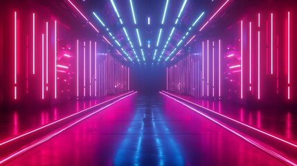 Background of empty show scene. Empty dark modern abstract neon background. Glow of neon lights on an empty stage, diodes, rays and lines. Lights of the night city. 