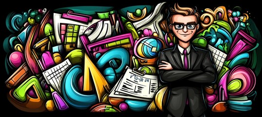 Obraz premium A professional figure stands confidently in front of colorful abstract shapes and charts.