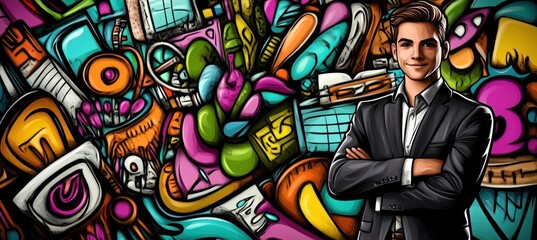 Fototapeta premium A confident individual poses against a vibrant, abstract background filled with colorful shapes.
