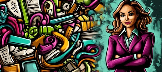 A professional woman stands confidently beside a colorful, chaotic background of office supplies.