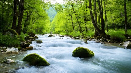 Obraz premium Serene river flowing swiftly through a lush verdant forest showcasing the steady yet powerful force of water over time and the dynamic elemental nature of the natural world