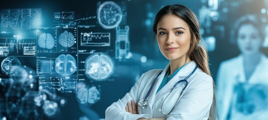 A confident female doctor stands with arms crossed against a digital medical background.
