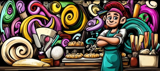 Fototapeta premium A cheerful baker stands in front of a colorful pastry shop filled with baked goods.