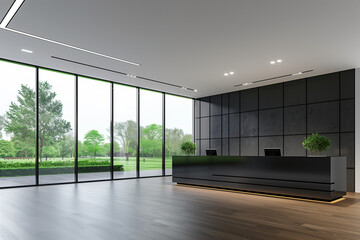Obraz premium Spacious Office Lobby Featuring a Large Reception Desk and Sleek Modern Design