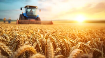 Fototapeta premium Aerial view of farmers harvesting crops in a vast wheat field with warm golden sunlight illuminating the scene and a cybernetic analogous color scheme creating a stunning futuristic landscape