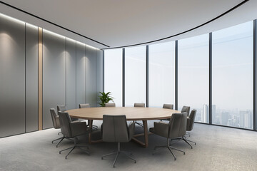 Fototapeta premium Corporate Meeting Room with a Round Wooden Table and Comfortable Leather Chairs