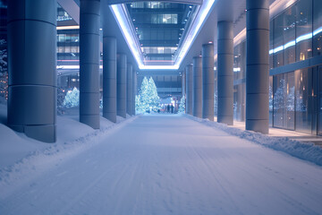 Obraz premium Snow-Covered Walkway Leading to a Shopping Mall Entrance with Holiday Decorations