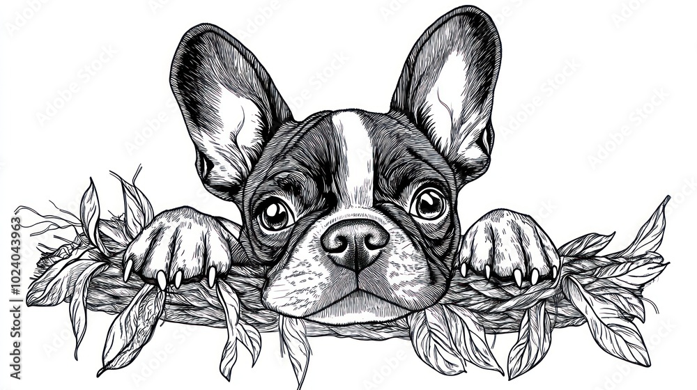 Poster A detailed illustration of a French Bulldog resting its head on a branch.