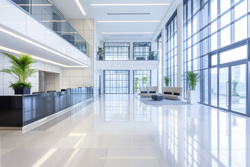 Fototapeta premium Office Lobby with High Ceilings and Floor-to-Ceiling Windows for Bright Natural Light