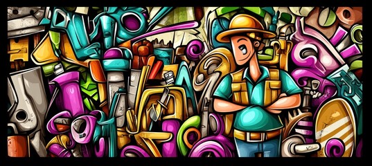 Fototapeta premium A colorful illustration of a man surrounded by various tools and objects in a cluttered environment.