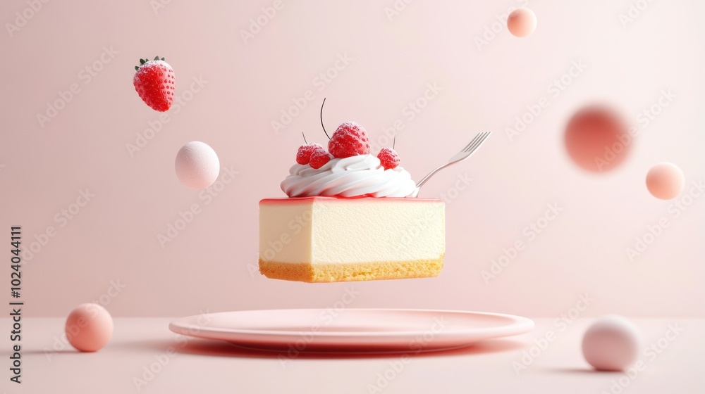 Wall mural A floating cheesecake with raspberries and whipped cream against a soft pink background.