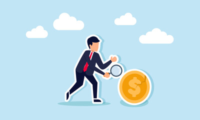 A businessman carries a magnifying glass while examining a cracked dollar coin, illustrating the process of researching and analyzing the causes of the dollar's valuation decline