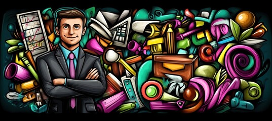 Obraz premium A professional man stands confidently amidst a colorful assortment of various objects.