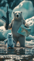 A penguin and a polar bear holding an M16 gun, walking in the melting iceburg, bokeh background, they need to fighting with danger environment, movie style