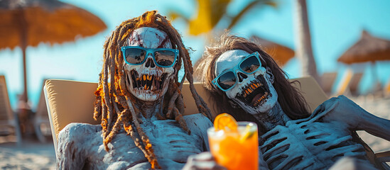 Halloween skeleton couple mommies. Funny costume with ocean beach copy space background for advertising. Halloween tropical vacation travel humor, relaxing spa orange cocktails with monsters