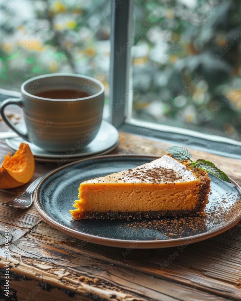 Canvas Prints A slice of pumpkin cheesecake with a cup of tea. AI.