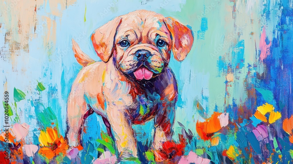 Canvas Prints A colorful painting of a playful puppy surrounded by vibrant flowers.