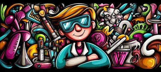 Obraz premium A cheerful cartoon scientist surrounded by various lab equipment and colorful scientific tools.