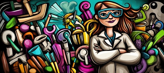 A confident scientist surrounded by colorful laboratory tools and equipment.