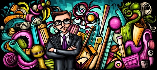Fototapeta premium A stylized illustration of a businessperson surrounded by colorful abstract shapes and objects.