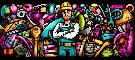 A colorful illustration of a smiling worker surrounded by various tools and materials.