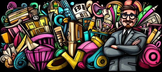 Obraz premium A colorful, abstract design featuring a man in a suit amidst vibrant shapes and buildings.