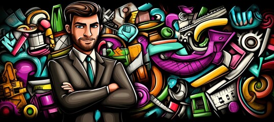 A stylized illustration featuring a confident man in a suit against a vibrant, abstract background.