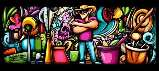 Obraz premium A colorful, stylized illustration of a person surrounded by various gardening tools and plants.