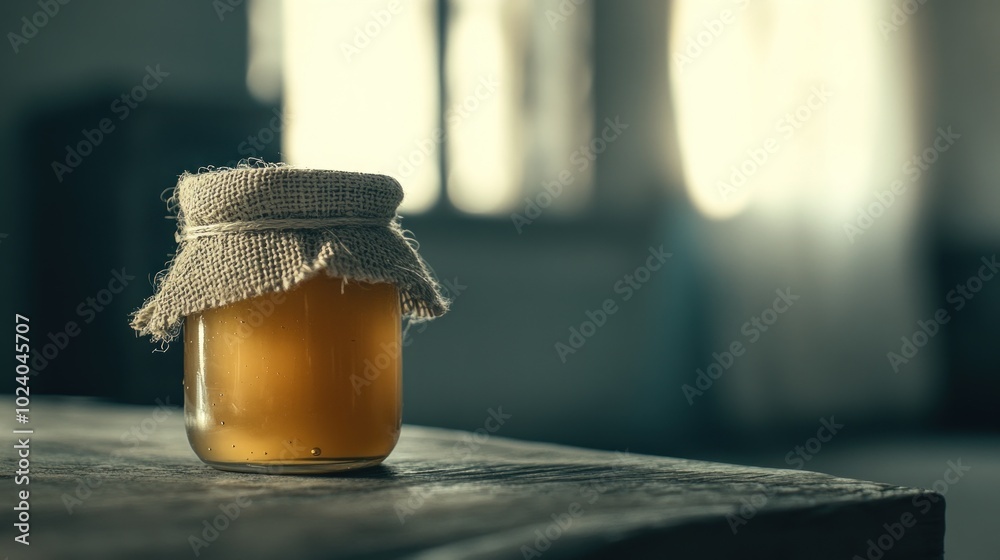 Sticker A jar of honey with a burlap cover sits on a wooden table, illuminated by soft light.