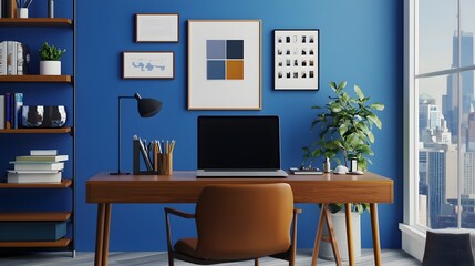 Sophisticated and Stylish Home Office Setup Featuring a Sleek Desk Laptop and Minimalist Wall Art Decor