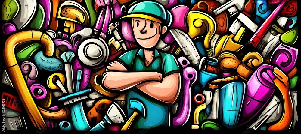 Sticker A cartoonish worker stands confidently amidst a colorful array of tools and equipment.