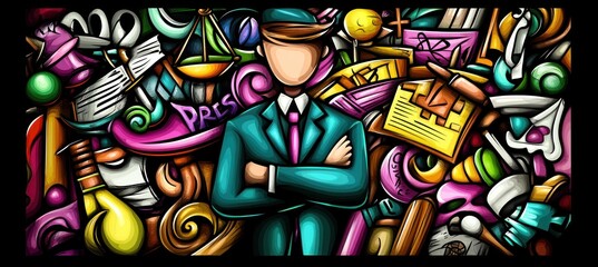Obraz premium A colorful collage featuring a central figure with various symbolic elements related to law and communication.