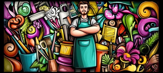 A colorful illustration of a man surrounded by various art supplies and plants.