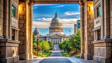 Obraz premium Idaho State Capital Building seen between buildings in Boise, long shot