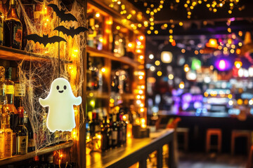 Halloween bar interior with ghost figure, bats, and festive lights