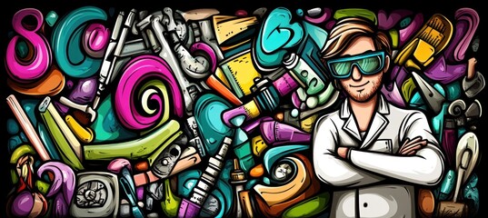 Obraz premium A colorful illustration featuring a scientist surrounded by various laboratory tools and materials.
