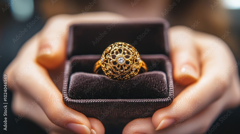 Poster A person presents a decorative gold ring with a diamond in a velvet box.